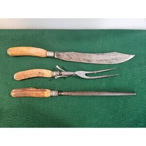 Vintage Lee's Cutlery Sterling Silver Stag Antler Carving Set 3 Piece